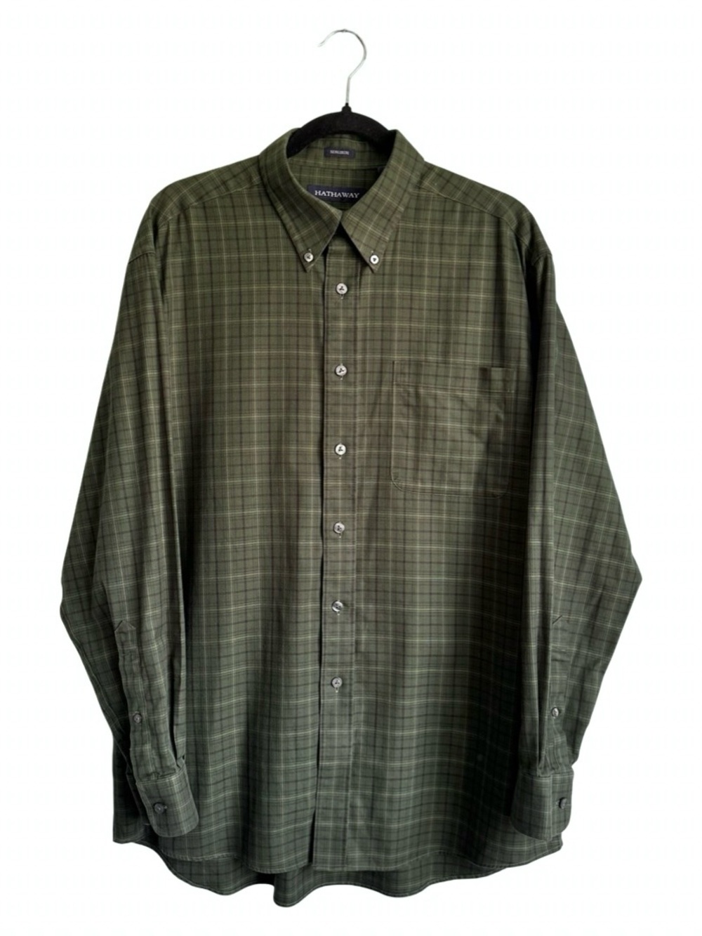 Hathaway Men's No Iron Green Plaid Cotton Button-Down Shirt Size Large